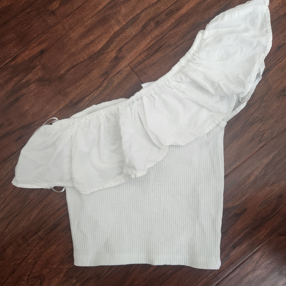 Zara Kids Girl White One Shoulder Ruffle Top Boho Balletcore Cottagecore Sz 7